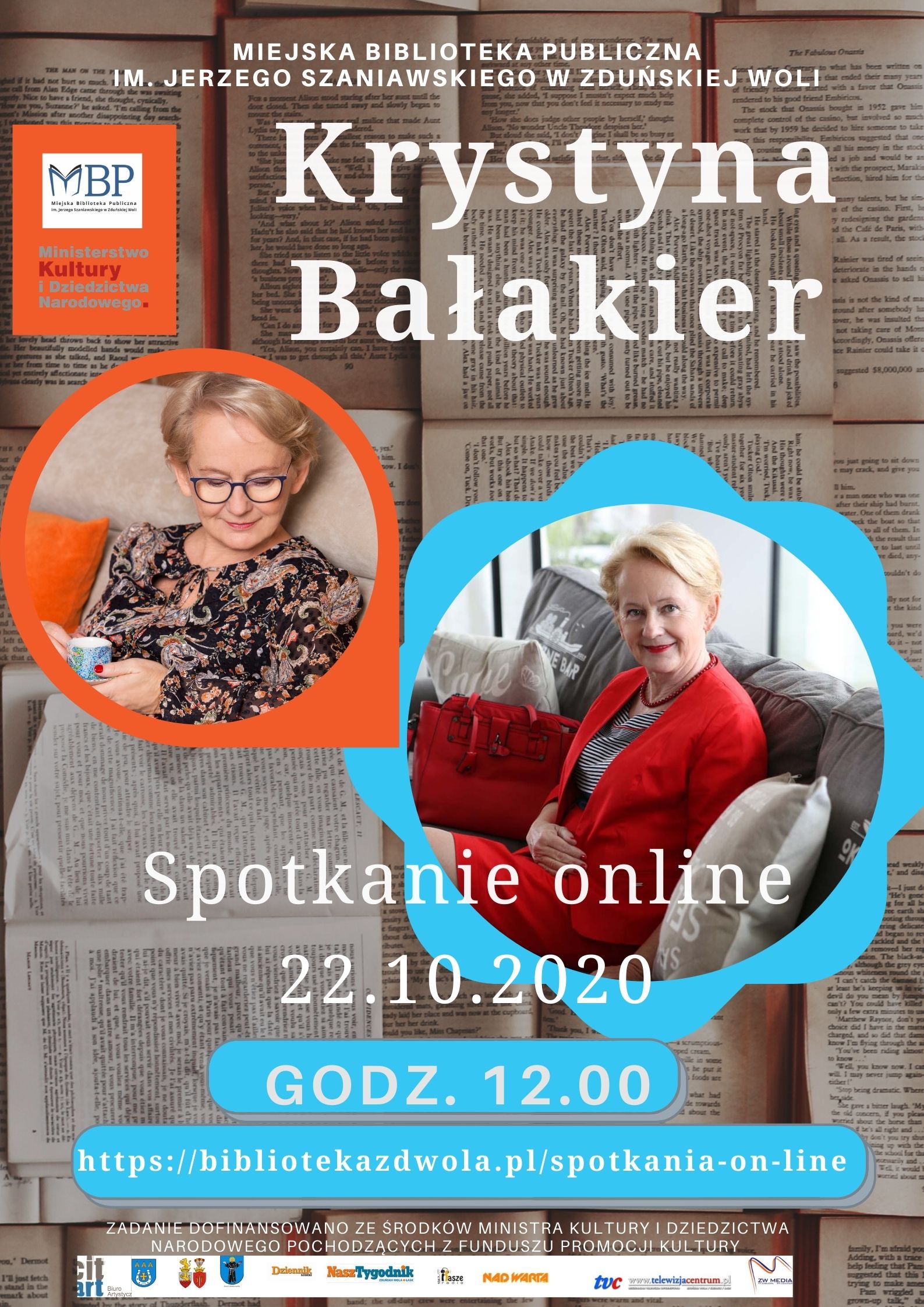 Miejska Bibiloteka Publiczna w Zduńskiej woli zaprasza na spotkanie autorskie z Krystyną Bałakier. Spotkanie online 22.10.2020 godz. 12.00.