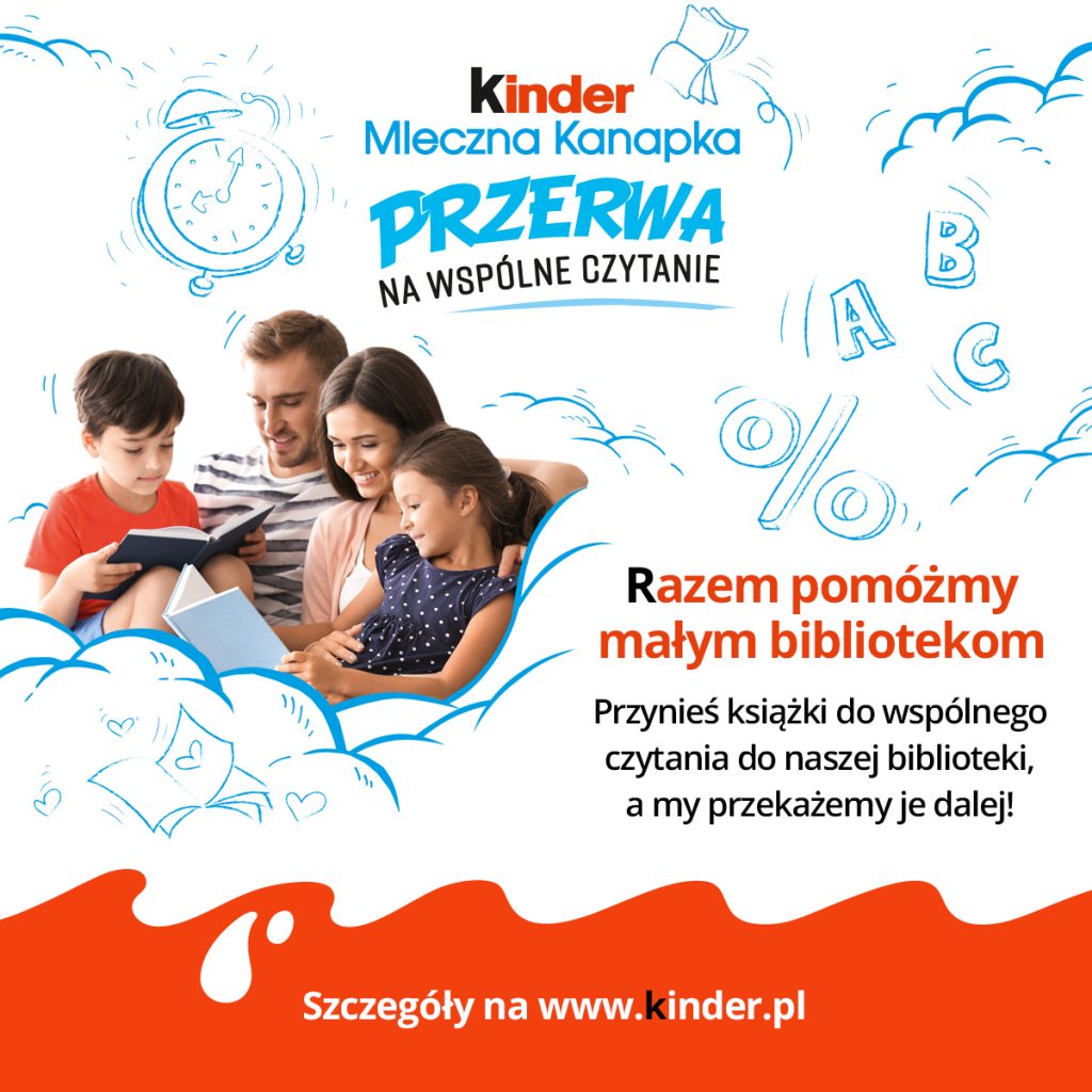 Plakat Kinder Mleczna Kanapka rodzice z dziećmi, chłopiec czyta książkę