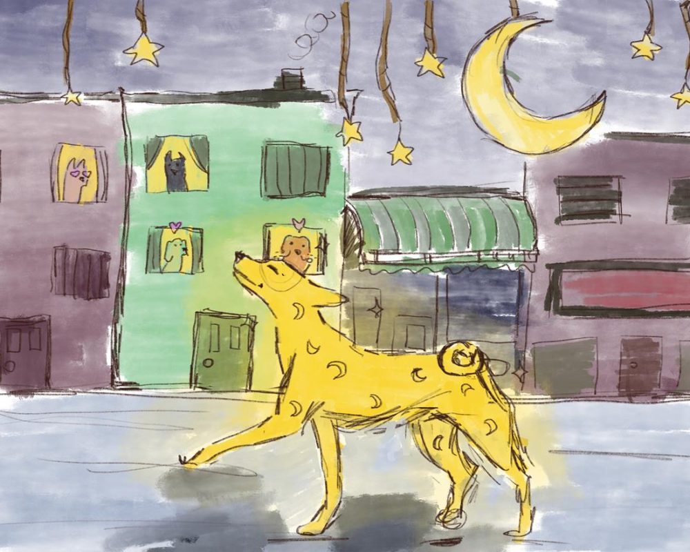 Żółty pies spacerujący nocą przez miasto w blasku księżyca