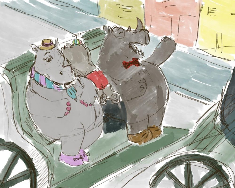 Wesoła rodzina nosorożców jadąca Karetą przez miasto