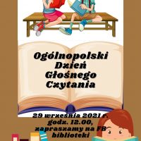 Plakat Ogólnopolski Dzień Głośnego Czytania 29 września 2021 r. zapraszamy na Facebook biblioteki