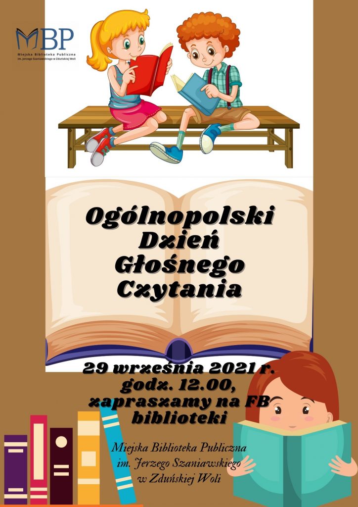 Plakat Ogólnopolski Dzień Głośnego Czytania 29 września 2021 r. zapraszamy na Facebook biblioteki