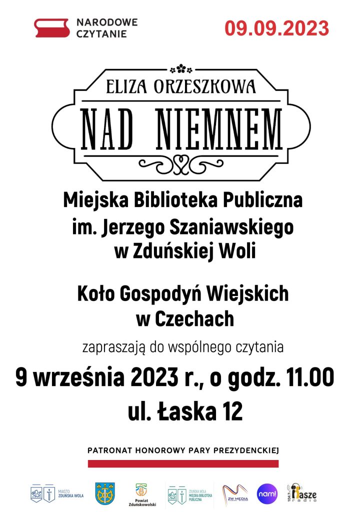 Plakat informacyjny Narodowe Czytanie 2023 Miejska Biblioteka Publiczna im. Jerzego Szaniawskiego w Zduńskiej Woli i Koło Gospodyń Wiejskich w Czechach zapraszają do wspólnego czytania 9 września 2023 roku o godz. 11.00 ul. Łaska 12