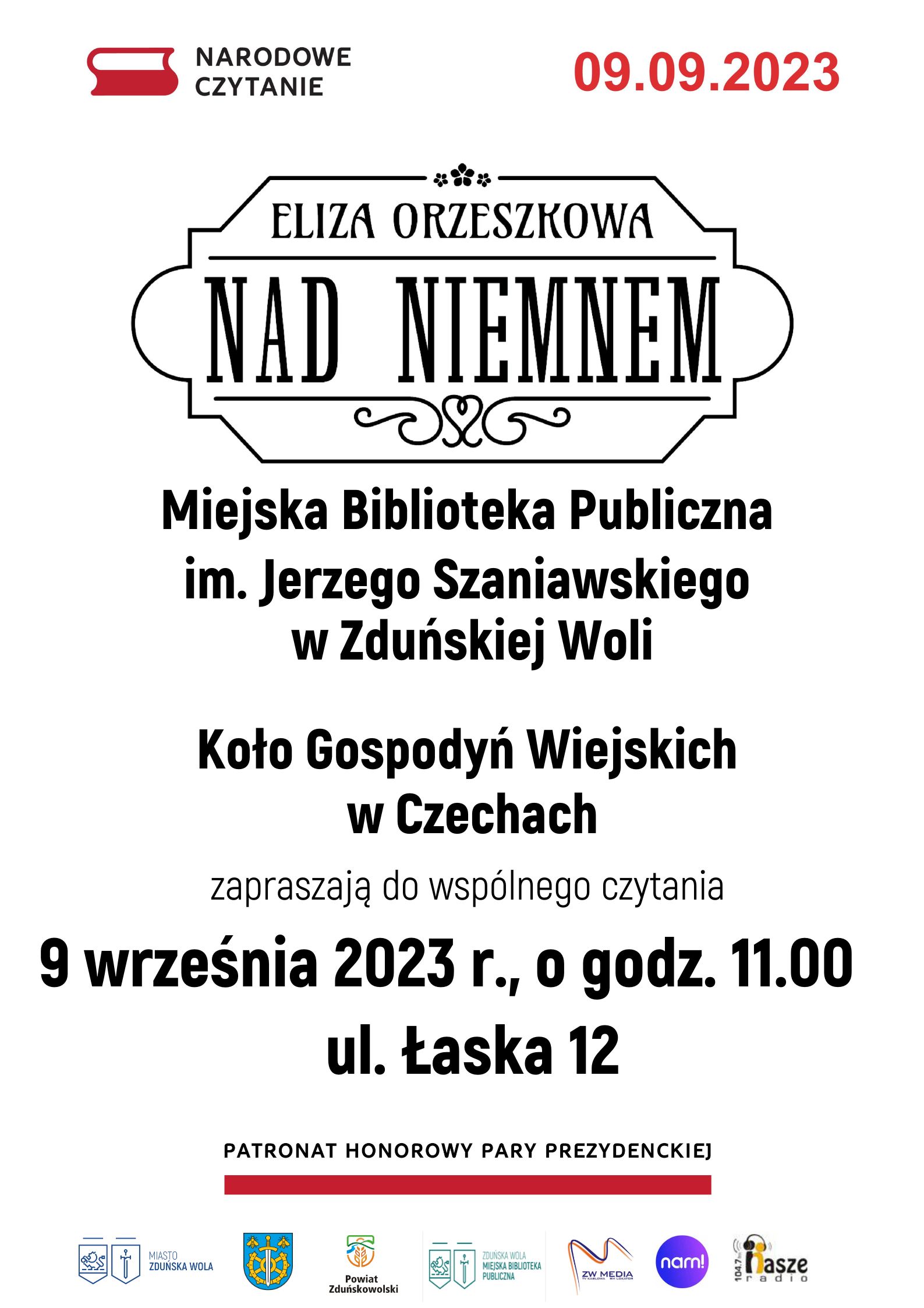 Plakat informacyjny Narodowe Czytanie 2023 Miejska Biblioteka Publiczna im. Jerzego Szaniawskiego w Zduńskiej Woli i Koło Gospodyń Wiejskich w Czechach zapraszają do wspólnego czytania 9 września 2023 roku o godz. 11.00 ul. Łaska 12