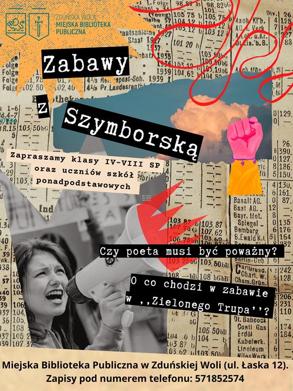 Zabawy z Szymborską. Zapraszamy klasy IV-VIII SP oraz uczniów szkół ponadpodstawowych do Miejskiej Biblioteki Publicznej w Zduńskiej Woli.