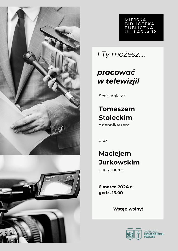 Miejska Biblioteka Publiczna zaprasza na spotkanie z Tomaszem Stoleckim i Maciejem Jurkowskim. 6 marca 2024 r. godzina 13.00. Wstęp wolny.