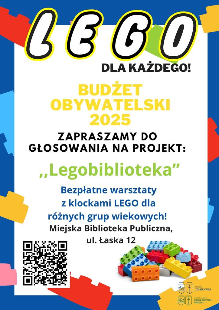 Projekt plakatu na budżet obywatelski 2025. Miejska Biblioteka zaprasza na głosowanie na projekt: "Legobiblioteka"