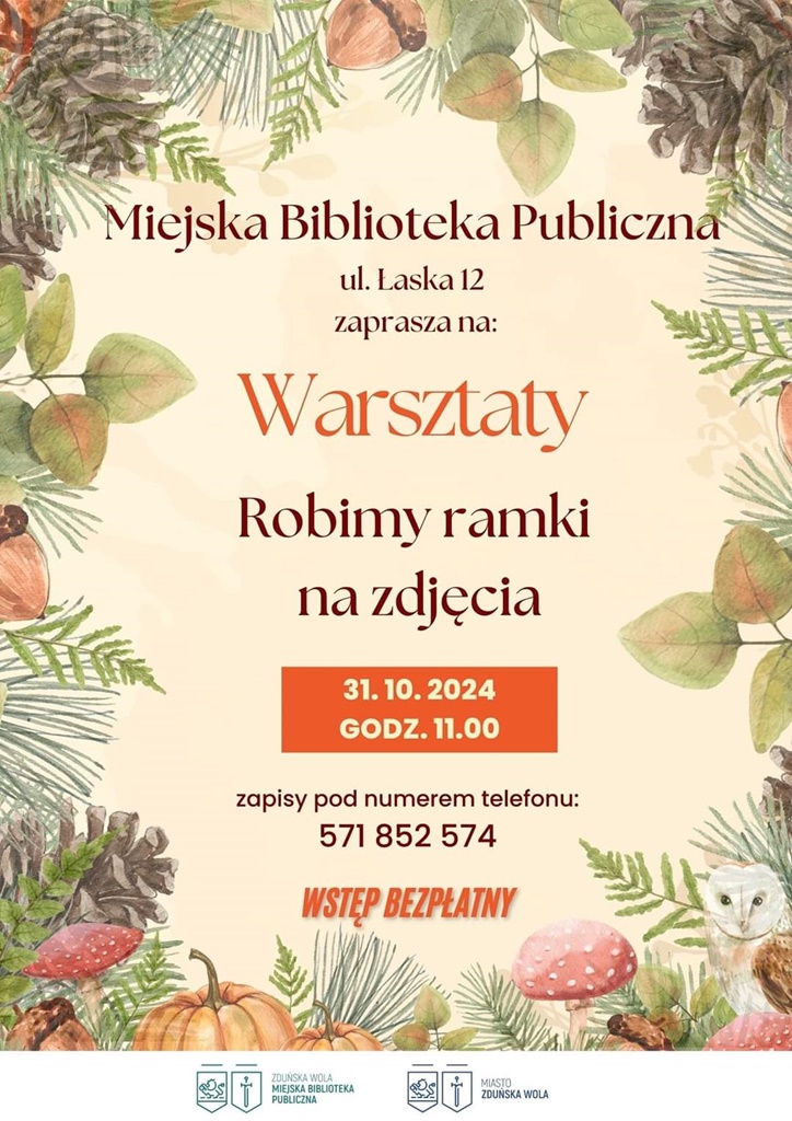 Miejska Biblioteka Publiczna zaprasza na warsztaty pt. Robimy ramki na zdjęcia. Warsztaty odbędą się 31 października 2024 roku o godzinie 11.00. Wstęp bezpłatny.