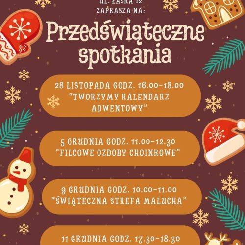 28 listopada w godzinach 16.00–18.00, przygotujemy wspólnie kalendarz adwentowy. Wiek uczestników 6+ 5 grudnia w godzinach 11.00–12.30, uszyjemy filcowe ozdoby choinkowe. Wiek uczestników 8+ 9 grudnia w godzinach 10.00-11.00, przeczytamy najmłodszym świąteczne bajki. Wiek uczestników 1+ 11 grudnia, w godzinach 17.30-18.30, wysłuchamy koncertu kolęd w wykonaniu uczniów Państwowej Szkoły Muzycznej. Wiek uczestników 1-99+ Na wszystkie spotkania wstęp bezpłatny.