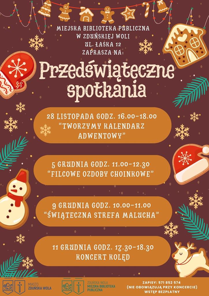 28 listopada w godzinach 16.00–18.00, przygotujemy wspólnie kalendarz adwentowy. Wiek uczestników 6+ 5 grudnia w godzinach 11.00–12.30, uszyjemy filcowe ozdoby choinkowe. Wiek uczestników 8+ 9 grudnia w godzinach 10.00-11.00, przeczytamy najmłodszym świąteczne bajki. Wiek uczestników 1+ 11 grudnia, w godzinach 17.30-18.30, wysłuchamy koncertu kolęd w wykonaniu uczniów Państwowej Szkoły Muzycznej. Wiek uczestników 1-99+ Na wszystkie spotkania wstęp bezpłatny.