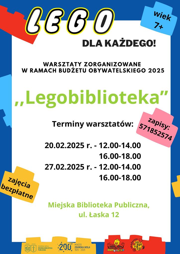 Warsztaty LEGO w bibliotece. Terminy 20 lutego o 12.00 i 16.00. 27 lutego o 12.00 i 16.00. Zajęcia bezpłatne.