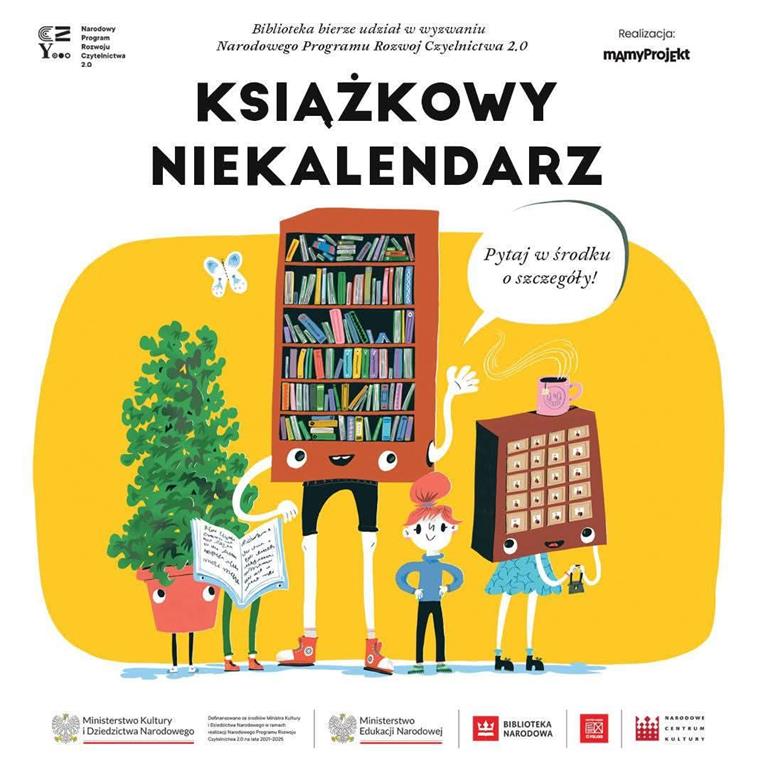 Plakat książkowy niekalendarz z grafiką na żółtym tle.