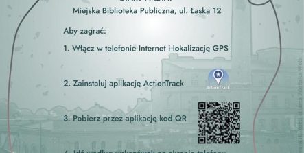 Plakat Mobilna Gra Terenowa Tkacze Historii Start-Meta MBP ul. Łaska 12. Na plakacie instrukcja gry a na dole grafika składająca się ze szpuli z nićmi.