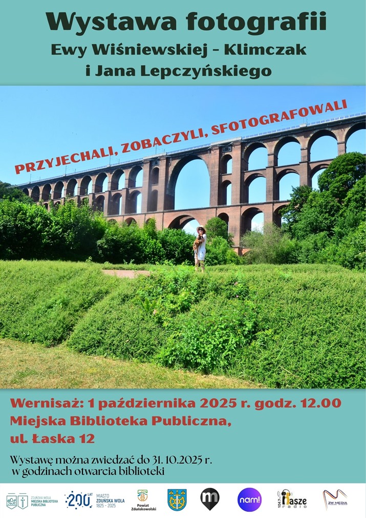 Plakat Wystawa fotografii Ewy Wiśniewskiej-Klimczak i Jana Lepczyńskiego. Wernisaż 1 października 2025 roku o godzinie 12.00 MBP ulica Łaska 12