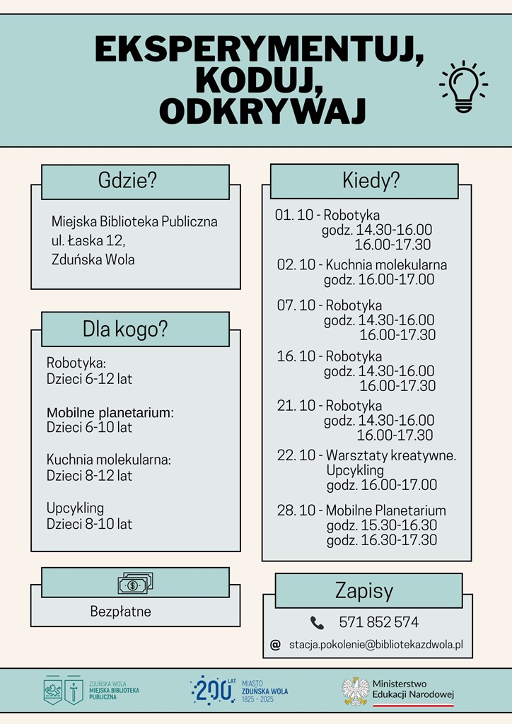 Plakat Eksperymentuj Koduj Odkrywaj. Zajęcia z robotyki, warsztaty kreatywne, Mobilne Planetarium
