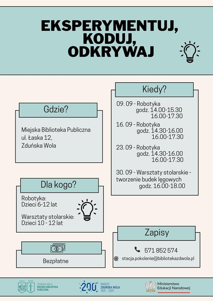 Plakat Eksperymentuj, koduj, odkrywaj. Warsztaty w MBP w Zduńskiej Woli ulica Łaska 12. Robotyka dla dzieci 6-12 lat. Warsztaty stolarskie dla dzieci 10-12 lat. Zapisy pod numerem telefonu 571 852 574. Zajęcia bezpłatne.