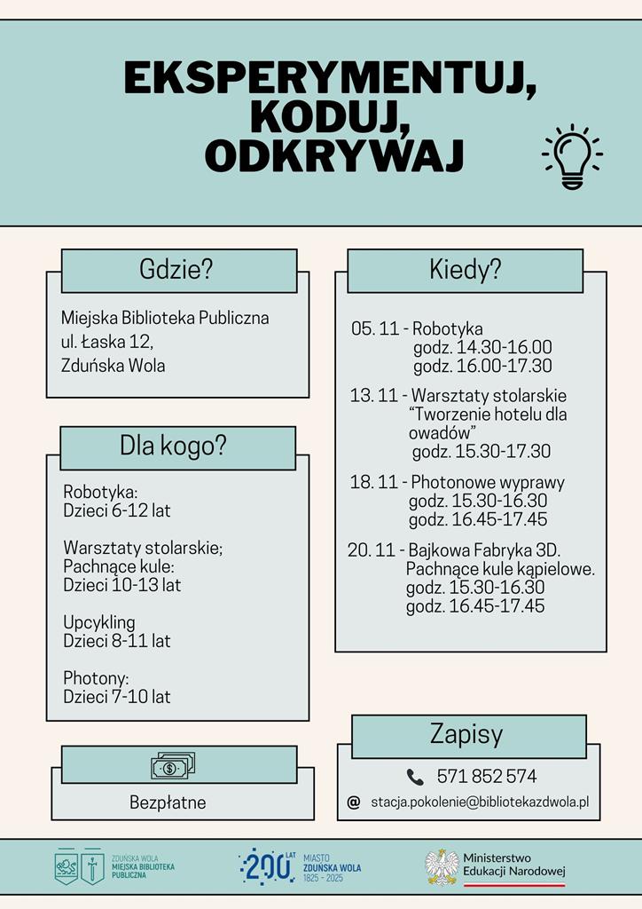 Plakat z informacjami o warsztatach w bibliotece które odbędą się w listopadzie
