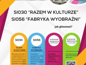 U góry, na pomarańczowym tle, znajduje się duży napis: „ZAGŁOSUJ!! w Budżecie Obywatelskim Województwa Łódzkiego 2026/2027". W centralnej części widnieje informacja: SI030 „Razem w Kulturze" SI056 „Fabryka Wyobraźni". Poniżej znajdują się cztery kolorowe kolumny: Żółta kolumna – SI030 „Razem w Kulturze" - Warsztaty dla osób z niepełnosprawnościami. Uczestnicy będą tworzyć słuchowisko, poznawać świat teatru, rękodzieła i kulinariów. Niebieska kolumna – SI056 „Fabryka Wyobraźni" - Zajęcia dla dzieci obejmujące eksperymenty, tworzenie biżuterii i dekoracji oraz przygotowywanie własnych słodyczy. Różowa kolumna – głosowanie stacjonarne - Możliwość oddania głosu do 26 czerwca 2026 roku w siedzibie Miejskiej Biblioteki Publicznej przy ulicy Łaskiej 12 w Zduńskiej Woli. Zielona kolumna – głosowanie elektroniczne Możliwość głosowania przez internet do 13 lipca 2026 roku. Na plakacie znajduje się adres strony do głosowania oraz kod QR. Na dole plakatu umieszczono ważne informacje: podczas jednego głosowania należy oddać dwa głosy, po opuszczeniu platformy głosowania nie ma możliwości powrotu do rozpoczętego głosowania, udział w zajęciach jest bezpłatny, miejscem realizacji projektów jest Miejska Biblioteka Publiczna im. Jerzego Szaniawskiego w Zduńskiej Woli przy ul. Łaskiej 12. W dolnej części znajdują się logotypy Budżetu Obywatelskiego Województwa Łódzkiego oraz Miejskiej Biblioteki Publicznej w Zduńskiej Woli.